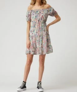 Vila Off-Shoulder-Kleid Mit Floralem Muster Modell 'Madison' - Offwhite